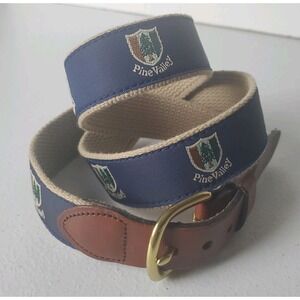 LEATHER MAN LTD ESSEX Embroidered Ribbon Belt PINE VALLEY GOLF CLUB Size 44 Blue